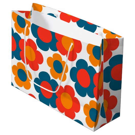 Preppy Blue Oranje Hippie Flower Pattern Groot Cadeauzakje (Voorkant Gekanteld)