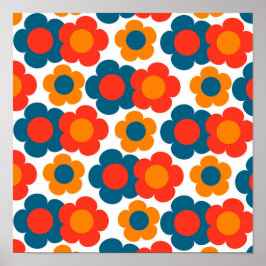 Preppy Blue Oranje Hippie Flower Pattern Poster