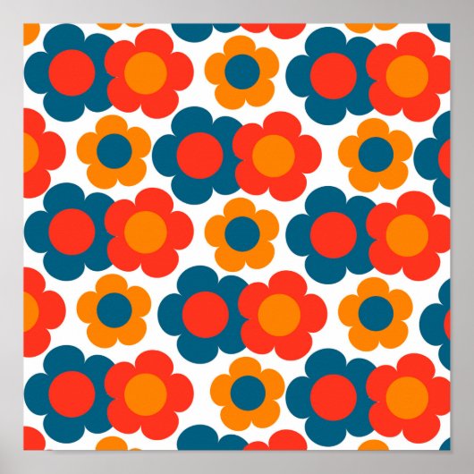 Preppy Blue Oranje Hippie Flower Pattern Poster (Voorkant)