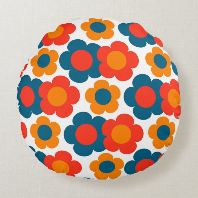 Preppy Blue Oranje Hippie Flower Pattern Rond Kussen (Voorkant)