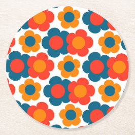 Preppy Blue Oranje Hippie Flower Pattern Ronde Kartonnen Onderzetter