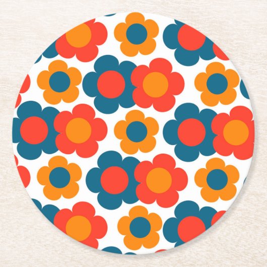 Preppy Blue Oranje Hippie Flower Pattern Ronde Kartonnen Onderzetter (Voorkant)