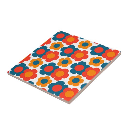 Preppy Blue Oranje Hippie Flower Pattern Tegeltje (Zijkant)
