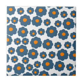 Preppy Blue Oranje Hippie Flower Pattern Tegeltje