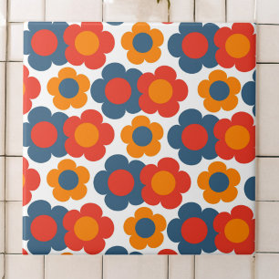 Preppy Blue Oranje Hippie Flower Pattern Tegeltje