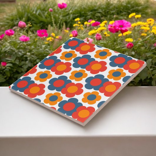 Preppy Blue Oranje Hippie Flower Pattern Tegeltje