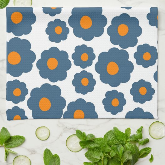 Preppy Blue Oranje Hippie Flower Pattern Theedoek (Gevouwen)