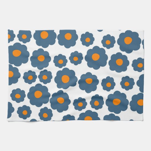 Preppy Blue Oranje Hippie Flower Pattern Theedoek (Horizontaal)