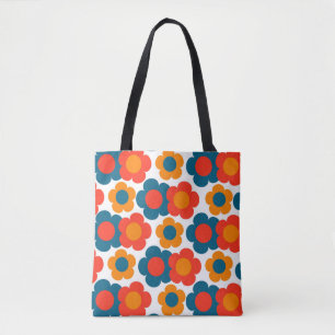 Preppy Blue Oranje Hippie Flower Pattern Tote Bag