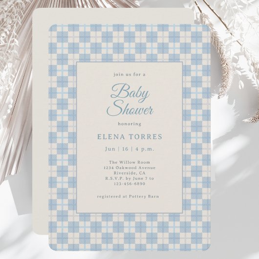 Preppy Blue Plaid Baby Shower Invitation Kaart