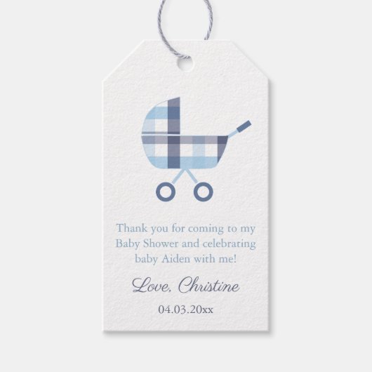 Preppy Blue Plaid Kinderwagen Jongen Baby shower F Cadeaulabel (Voorkant)