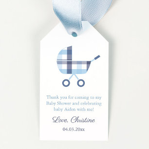 Preppy Blue Plaid Kinderwagen Jongen Baby shower F Cadeaulabel
