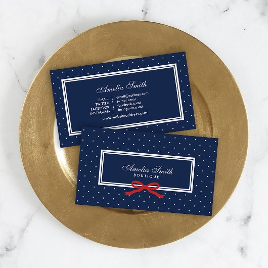Preppy Blue Polka Dot Red Ribbon Social Media Visitekaartje