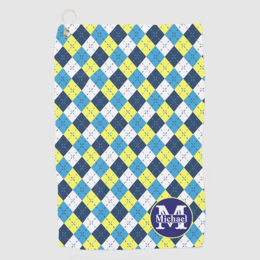 Preppy Blue Raspberry Lemon Argyle Monogram Golfhanddoek (Voorkant)