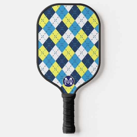 Preppy Blue Raspberry Lemon Argyle Monogram Pickleball Paddle (Voorkant)