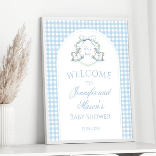 Preppy Blue Rocking Horse Gingham Baby Boy Shower Poster