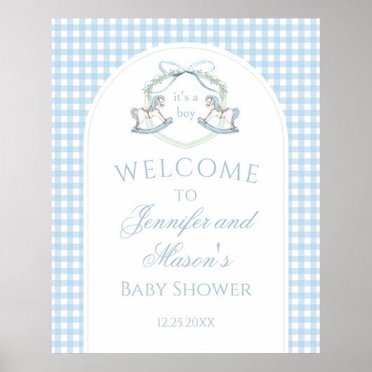 Preppy Blue Rocking Horse Gingham Baby Boy Shower Poster (Voorkant)