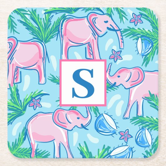 Preppy Blue roze Green Elephant Monogram Kartonnen Onderzetters (Voorkant)