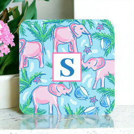 Preppy Blue roze Green Elephant Monogram Kartonnen Onderzetters