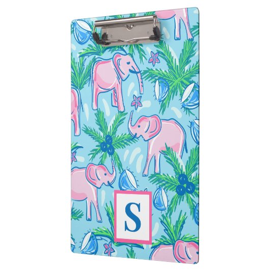 Preppy Blue roze Green Elephant Monogram Klembord (Links)