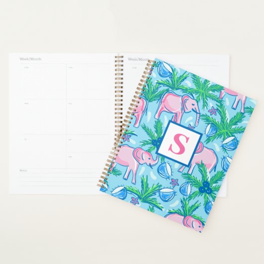 Preppy Blue roze Green Elephant Monogram Planner (Display)