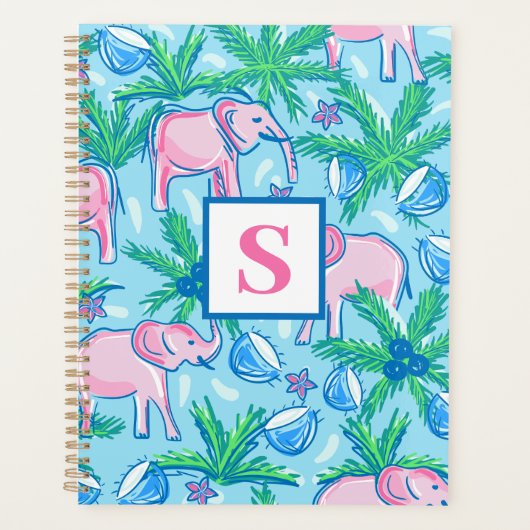 Preppy Blue roze Green Elephant Monogram Planner (Voorkant)