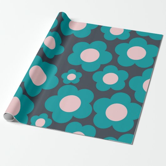 Preppy Blue Roze Hippie Flower Pattern Cadeaupapier (Uitgerold)
