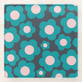 Preppy Blue Roze Hippie Flower Pattern Glazen Onderzetter