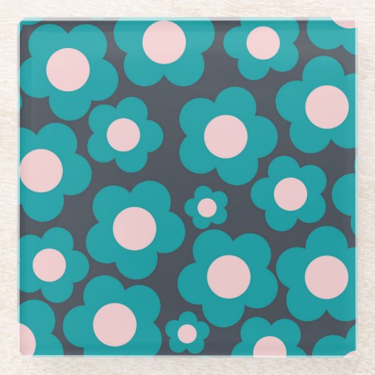 Preppy Blue Roze Hippie Flower Pattern Glazen Onderzetter (Voorkant)