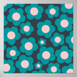 Preppy Blue Roze Hippie Flower Pattern Poster