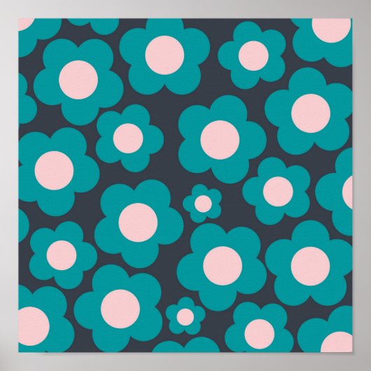 Preppy Blue Roze Hippie Flower Pattern Poster (Voorkant)