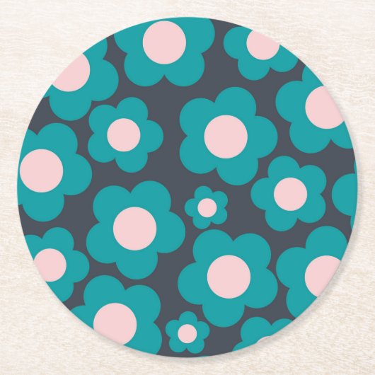 Preppy Blue Roze Hippie Flower Pattern Ronde Kartonnen Onderzetter (Voorkant)