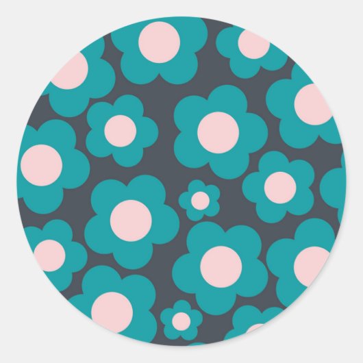 Preppy Blue Roze Hippie Flower Pattern Ronde Sticker (Voorkant)