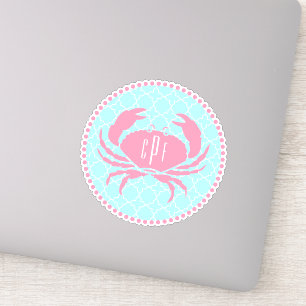 Preppy Blue Roze Monogram Quatrefoil Crab Sticker