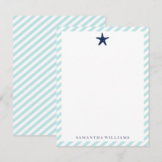 Preppy Blue Starfish op Mint Stripes Note-kaarten Kaart (Voorkant / Achterkant)