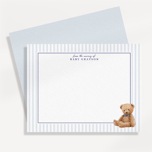 Preppy Blue Striped Teddy Bear Nursery note card Aankondiging