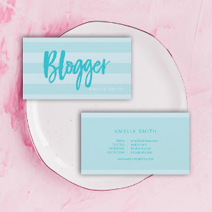 Preppy Blue Stripes Script Blogger Social Media Visitekaartje