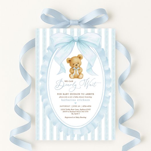Preppy Blue Teddy Bear Boy Baby shower Kaart