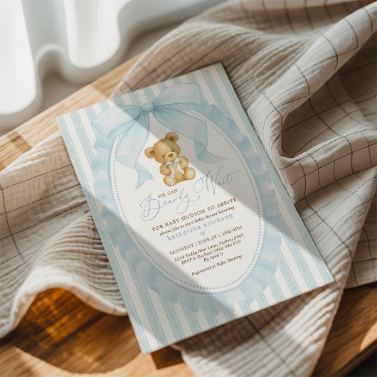Preppy Blue Teddy Bear Boy Baby shower Kaart