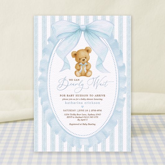 Preppy Blue Teddy Bear Boy Baby shower Kaart