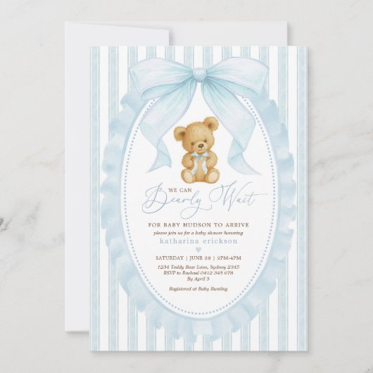 Preppy Blue Teddy Bear Boy Baby shower Kaart (Voorkant)
