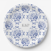 Preppy Blue Toile Hydrangea Bow met naam Papieren Bordje (Voorkant)