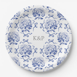Preppy Blue Toile Hydrangea Bow met naam Papieren Bordje