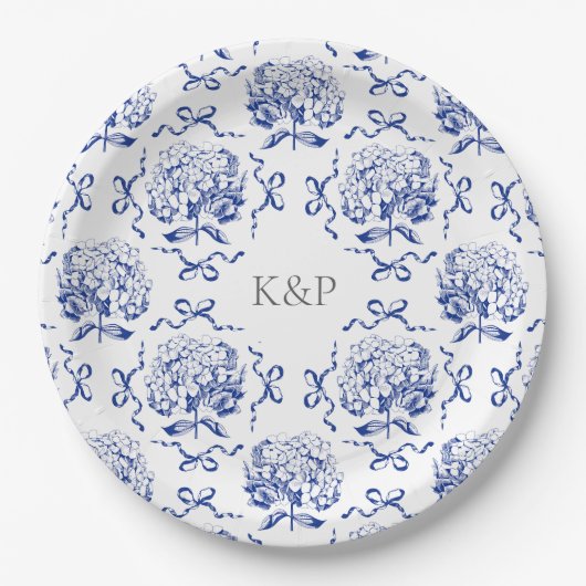 Preppy Blue Toile Hydrangea Bow met naam Papieren Bordje (Voorkant)