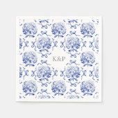 Preppy Blue Toile Hydrangea Bow met naam Servet (Voorkant)