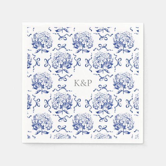 Preppy Blue Toile Hydrangea Bow met naam Servet (Voorkant)