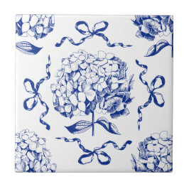 Preppy Blue Toile Hydrangea Bow Naadloos Patroon Tegeltje
