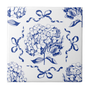 Preppy Blue Toile Hydrangea Bow Naadloos Patroon Tegeltje