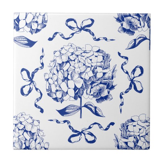 Preppy Blue Toile Hydrangea Bow Naadloos Patroon Tegeltje (Voorkant)