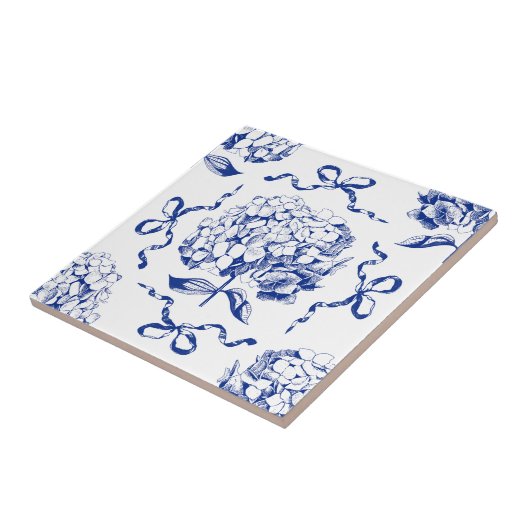 Preppy Blue Toile Hydrangea Bow Naadloos Patroon Tegeltje (Zijkant)